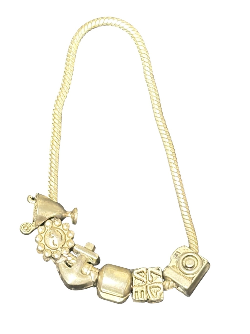 Silver Tone Charm Bracelet Camera Anchor Coffee Cup LOVE Bead